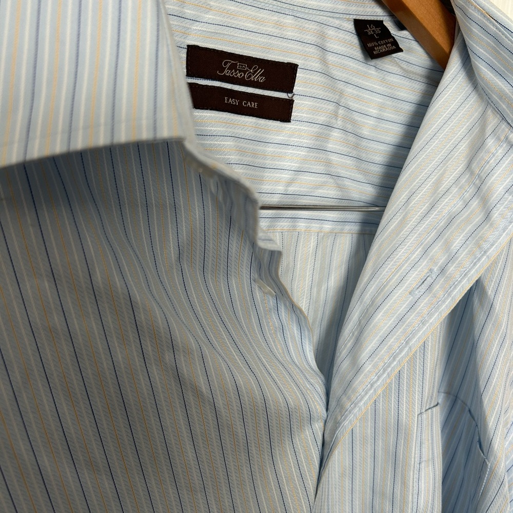 Tasso Elba Men's Light Blue and White Striped Dress Shirt